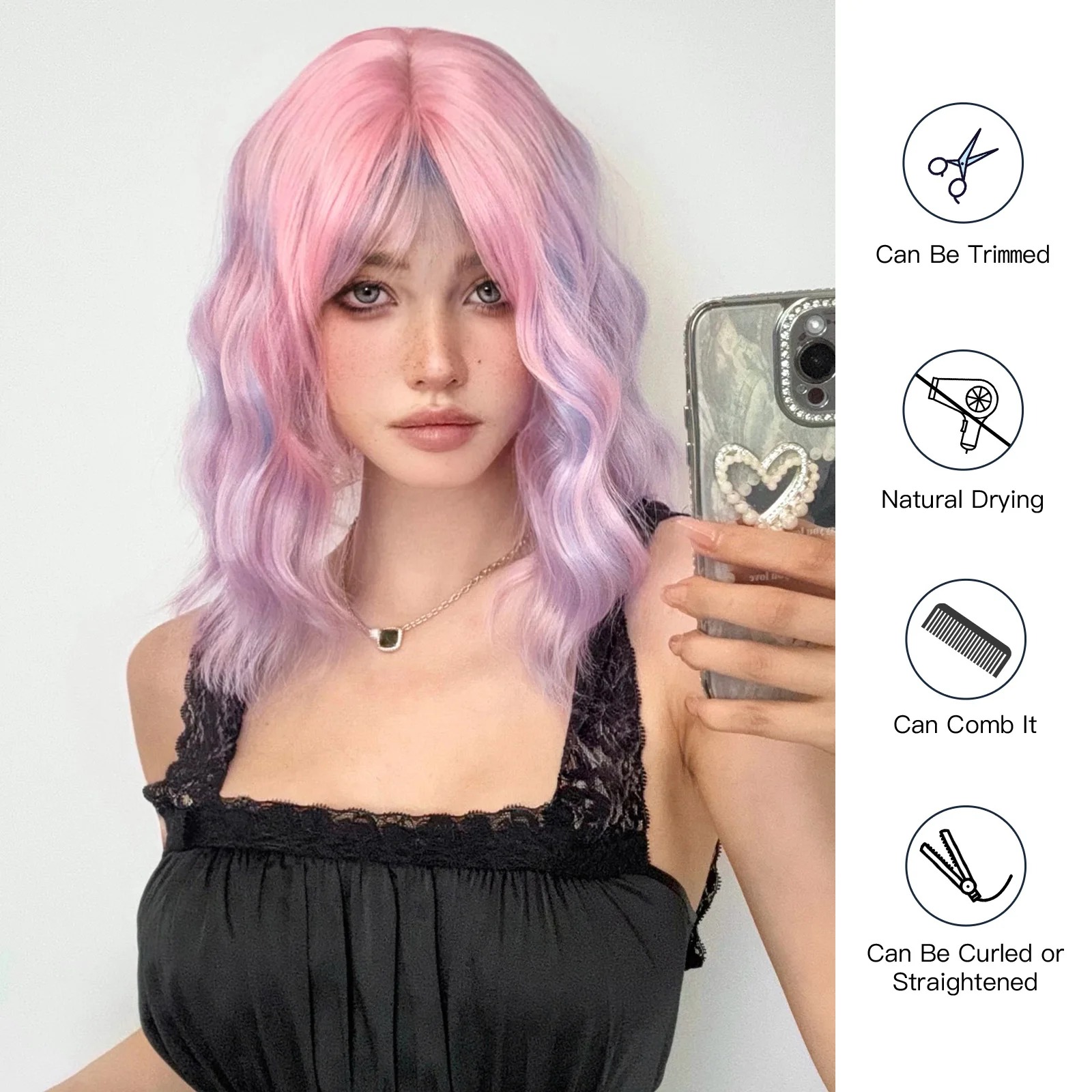 Kurze gewellte bunte Cosplay Perücken rosa lila Ombre Bob synthetische Perücke hitze beständige natürliche Haar Lolita Perücke mit Pony für Mädchen