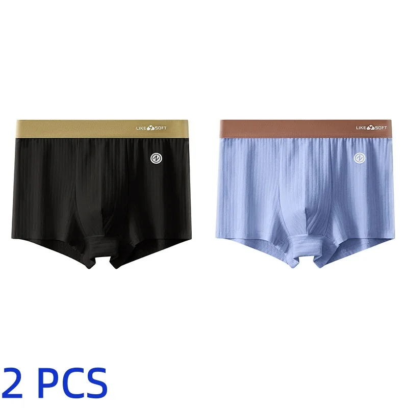 2PCS Men Vertical Striped Boxer Briefs Letter Print Waist Soft Breathable Mid Rise Underwear Casual Daily Male Underpants