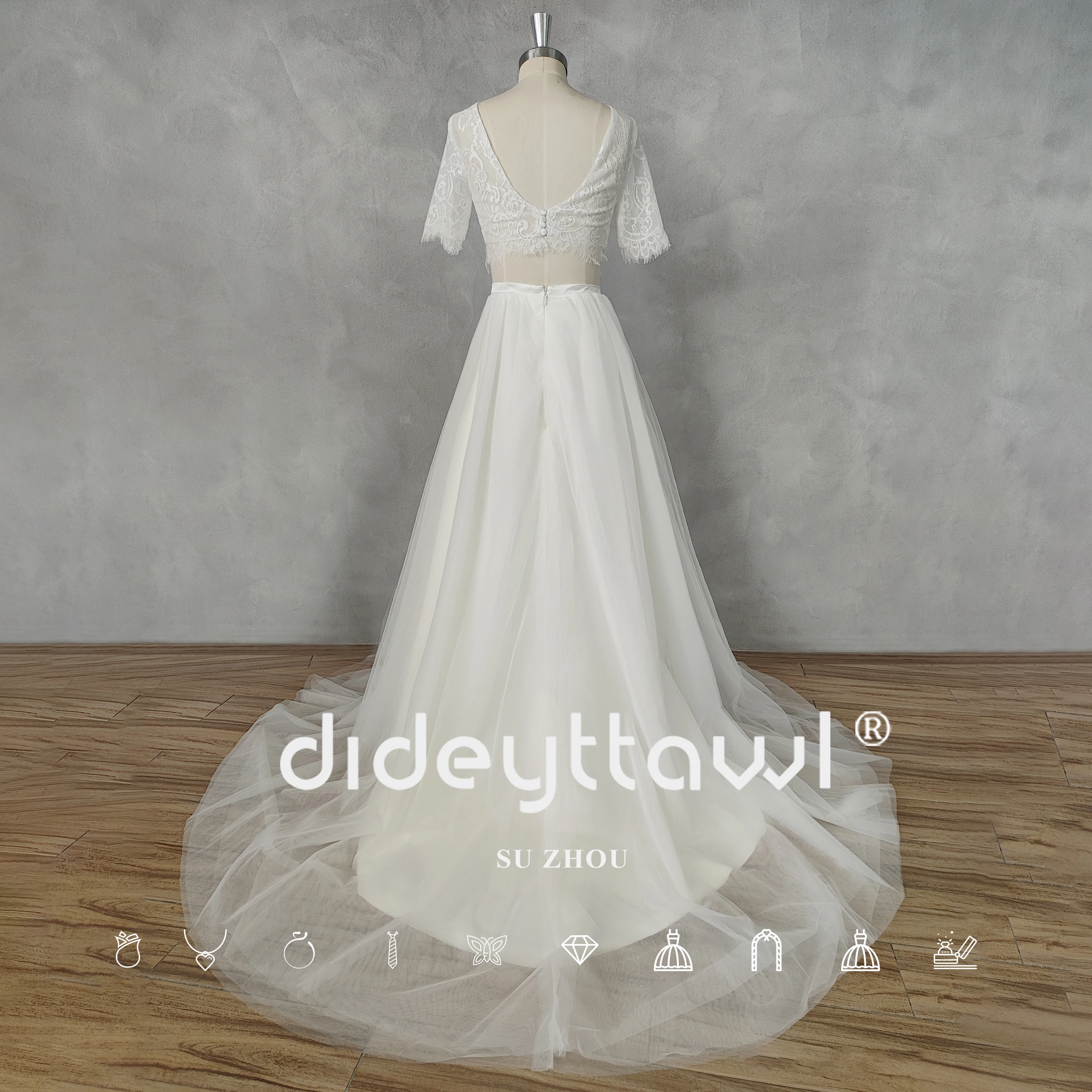 DIDEYTTAWL Real Picture Two Pieces Boho O-Neck A-Line Lace Top Tulle Wedding Dress Open Back Court Train Bridal Gown