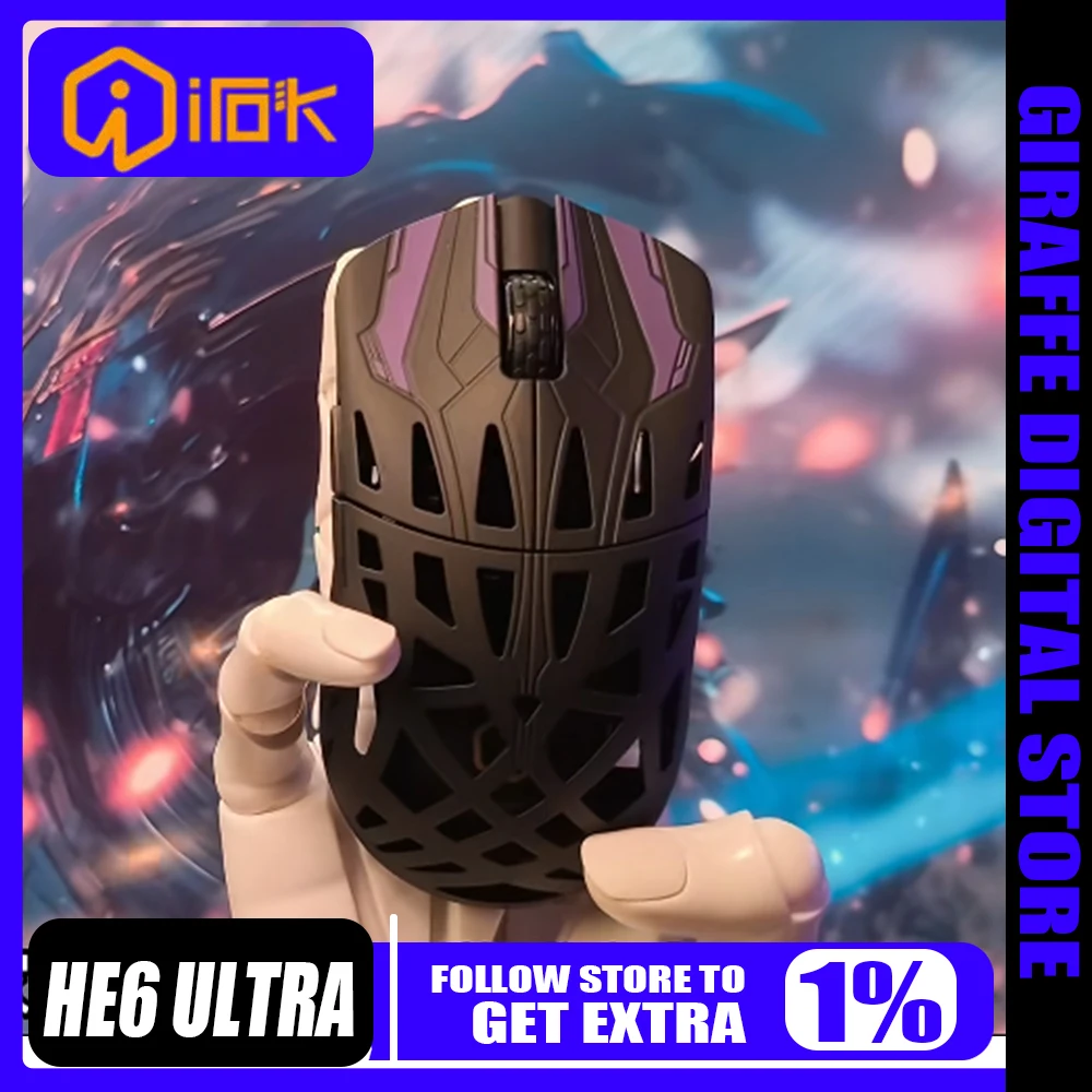 

IROK HE6 Ultra Mouse Paw3950 Wireless Three Mode 8000Hz Lightweight Mice CS2 Carbon Fibre Hollow Out Gaming Esport PC Accesssory