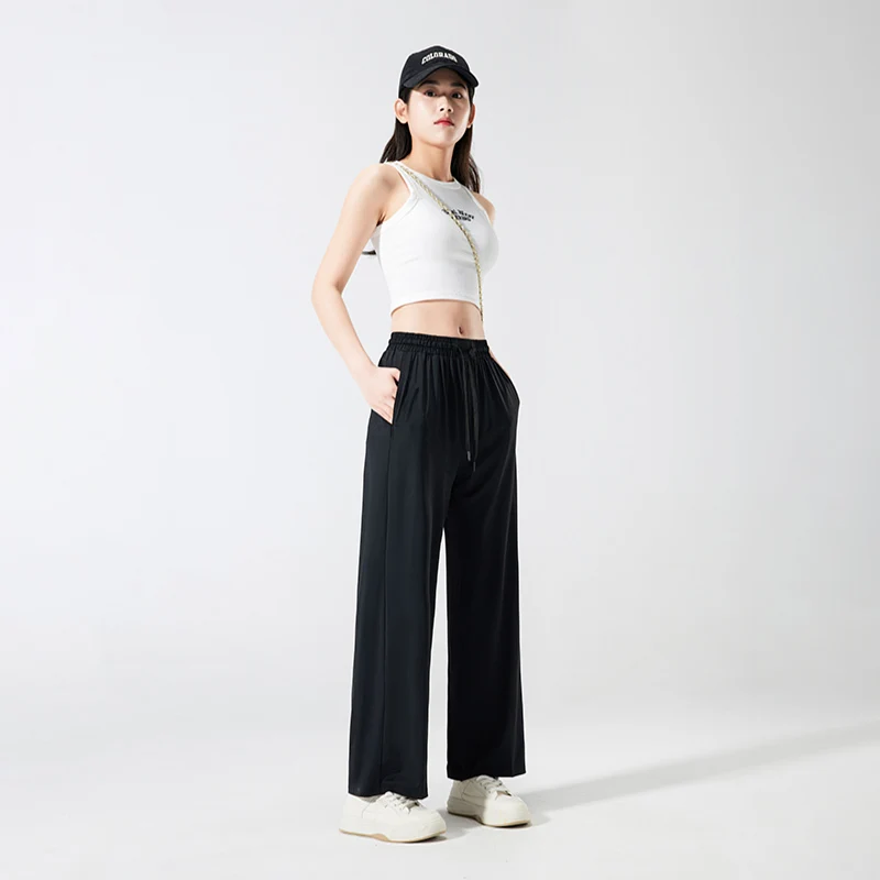 

2024 Women's Summer Ice Silk Pants Casual Fashion Solid Color Versatile Loose Breathable Wide Leg Pants Outdoor Sports Pants