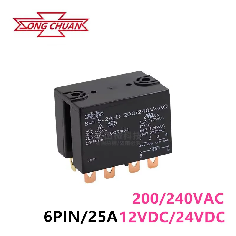 1Pcs SONGCHUAN Relay 841-S-2A-D -12VDC 841-S-2A-D-24VDC 841-S-2A-D-200/240VAC 6Pin 25A 12V 24V Power Relay
