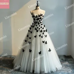 Custom White Tulle Black Butterfly Spaghetti Strap Strapless A Line Wedding Prom Dresses Bridal Ball Gowns Floor Length W15-54.1