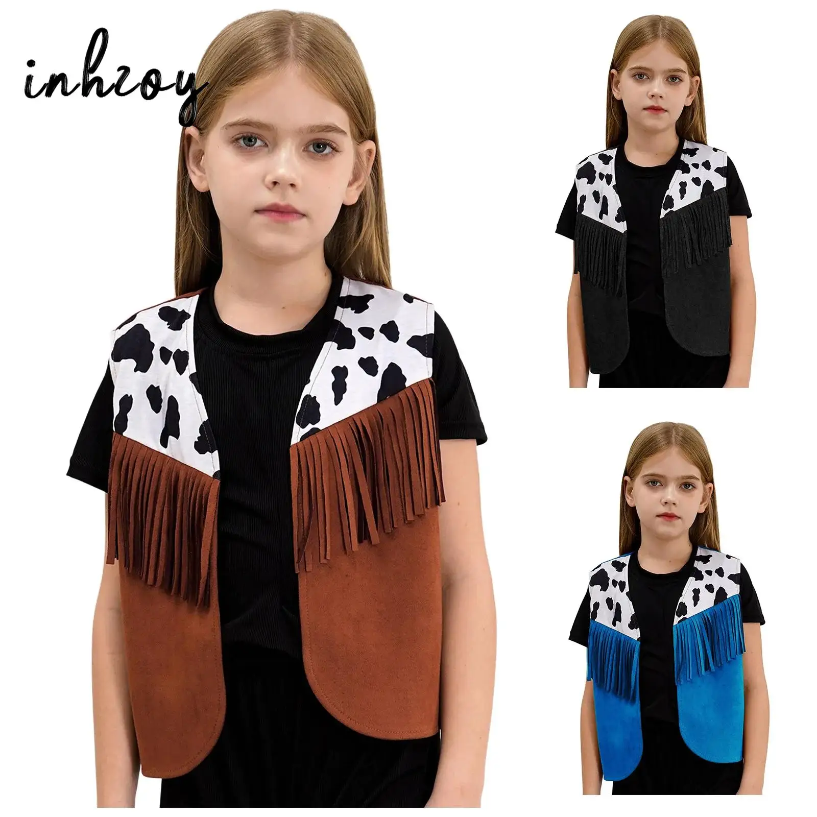 

Kids Halloween Cowboy Cowgirl Vest Role Play Costume Boys Girls Sleeveless Cow Print Fringed Waistcoat Western Rodeo Dressy Top