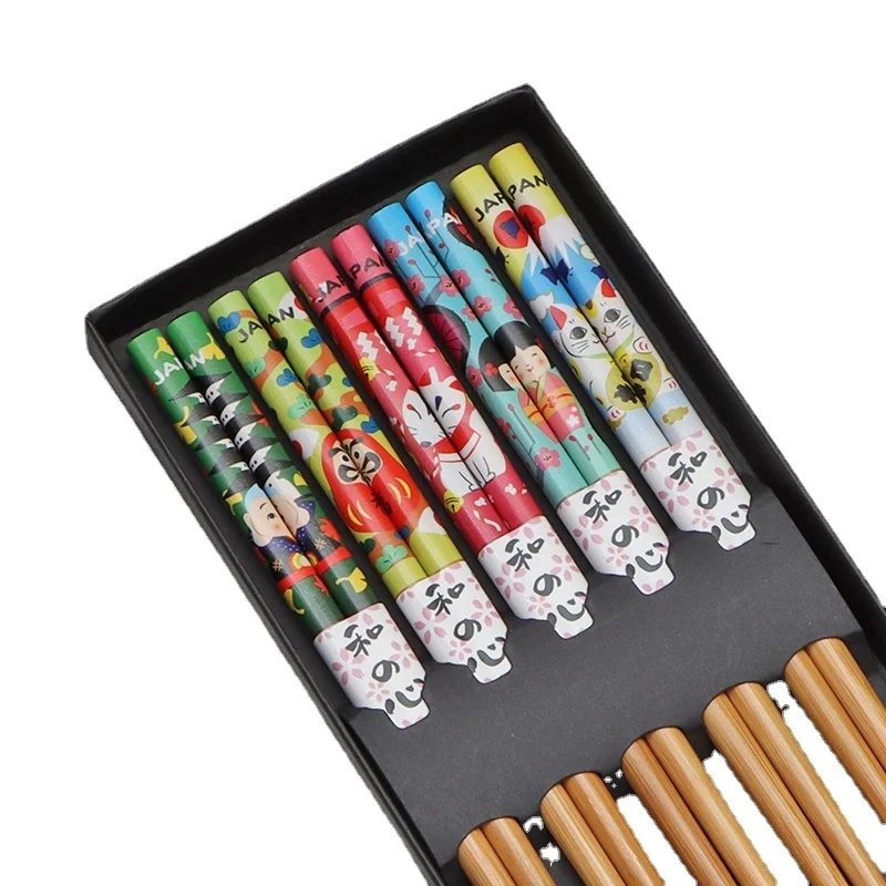 Reusable non slip non moldy sushi chopsticks Natural bamboo and wood chopsticks Cat Flower Multi color Wooden Chopsticks set