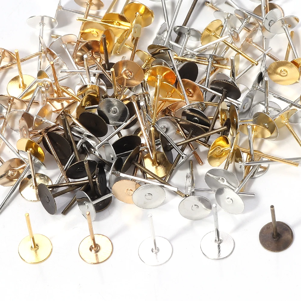 200pcs Metal Blank Post Earring Studs Flat Round Base Pins Head Pins Earring 4/5/6/8/10mm Settings DIY Jewelry Making Findings