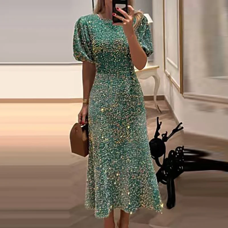 Temperament 2024 Bodycon Sequins Puff Sleeve Dresses High Street Glitter High Waisted Party Dress Women Chic O-Neck Long Dress