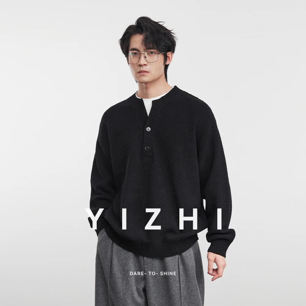 Fashion Men's Faux Two-Piece Knit Sweater with V-Neck and Button Design 2025 Winter New Versatile Top Pullover