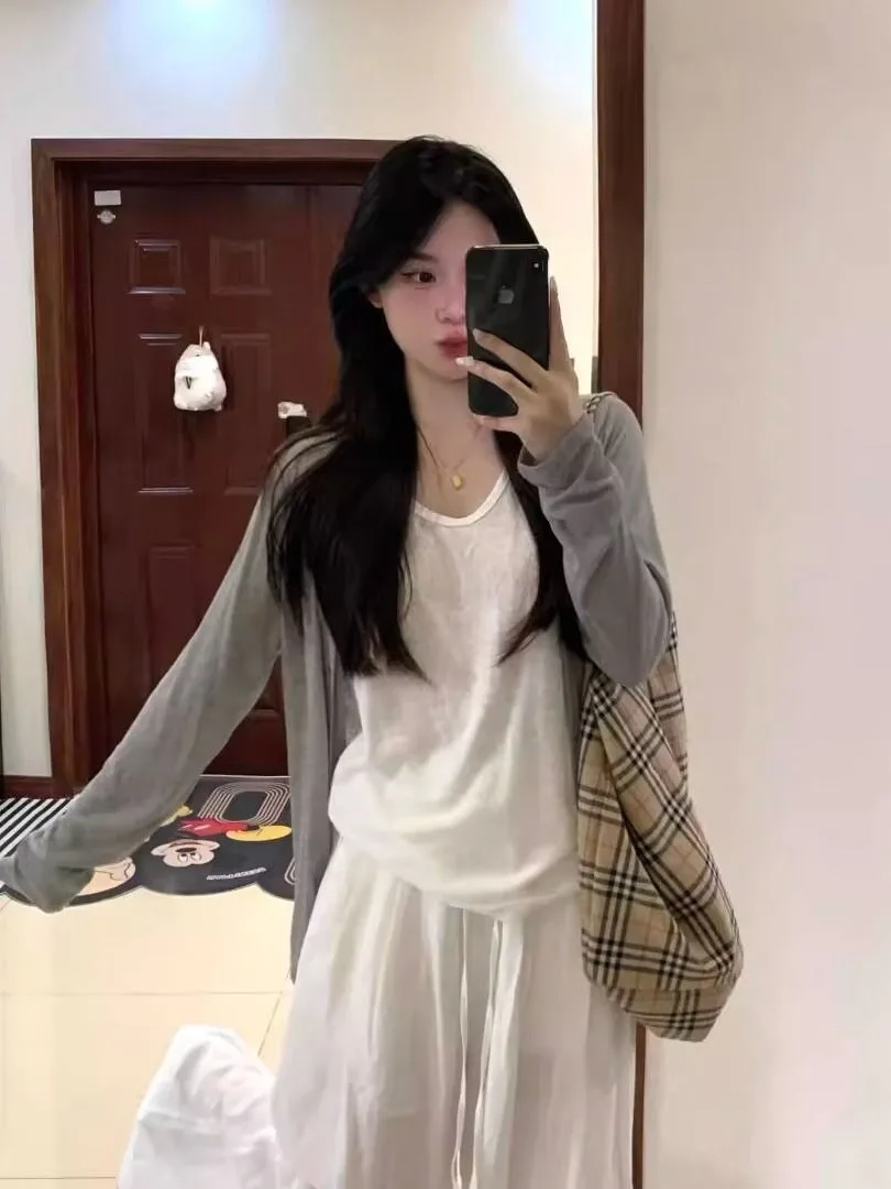 

Spring Summer Thin Knitted Outerwear Sun Protection Two-Piece Set with Strap Cardigan Sweet Sle Slim Fit Polyester Long Sve