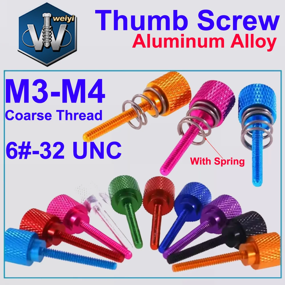 

Weiyi Aluminum Thumb Screws M3 M4 Coarse Thread/6#-32 UNC Anolized Knurled Hand Tighten Thumb Shockproof Screws 2 Types