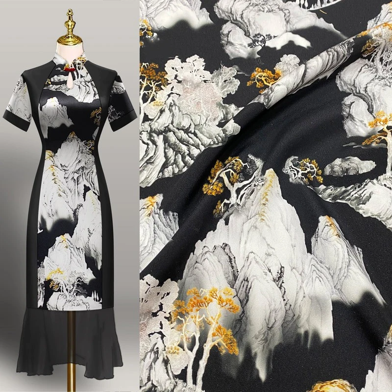 Heavy Crepe Heavy Weight Black and White Art Painting Soft Printed Dyed Silk Fabric DIY Dress Shirt Handmade Satin Fabric Sewing