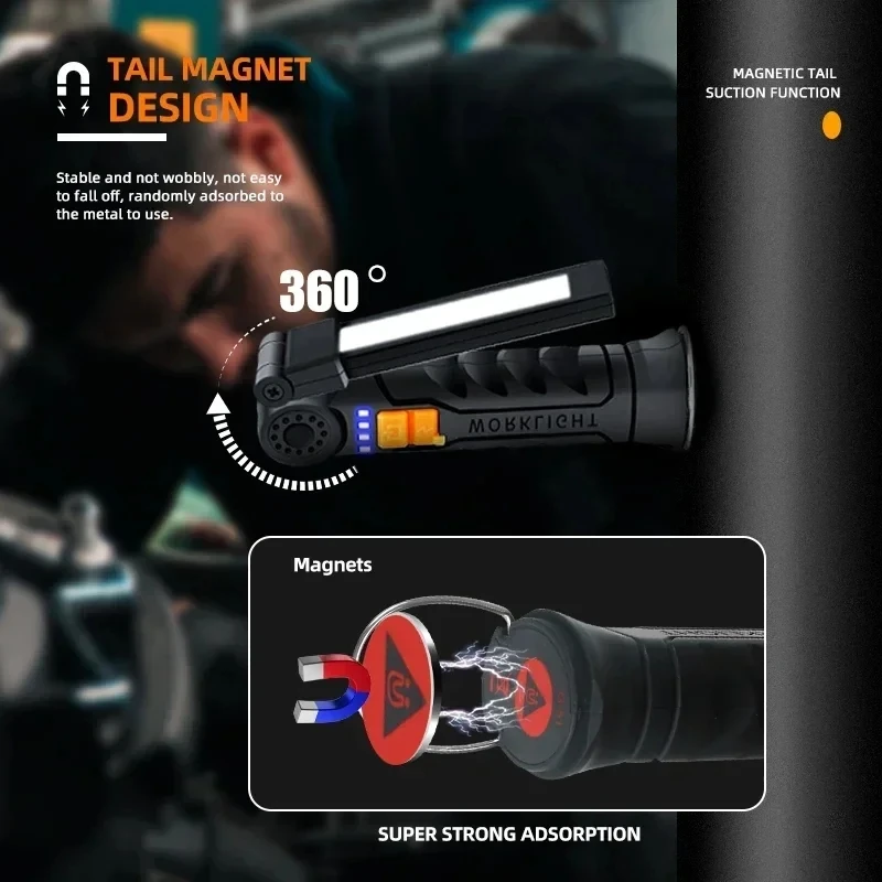 COB Work Light LED Work Flashlight With Magnetic Base Rechargeable Hanging Hook 360° Rotate Portable Inspection Light Camping
