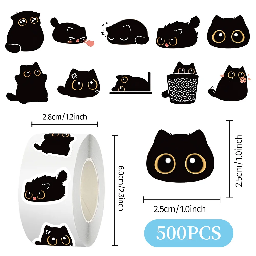 500 pçs/rolo bonito gato preto rolo adesivo dos desenhos animados engraçado gatinho graffiti decalque à prova dwaterproof água crianças brinquedo presente para guarda-roupa mesa diário