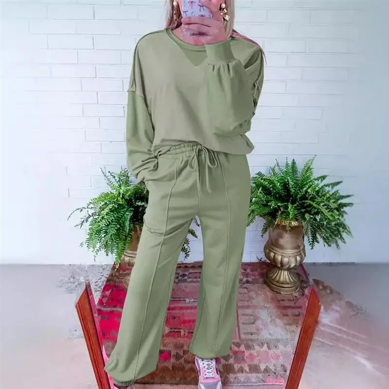 

Faionable Long Sve Длинные брюки Комплект из двух предметов Женский однотонный простой повседневный женский костюм из хлопкового материала Другое Sl...