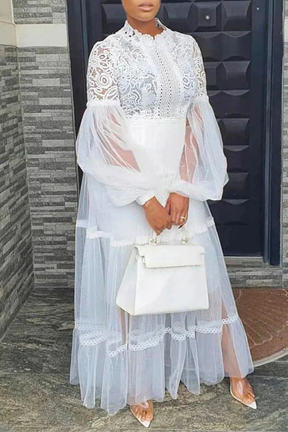 Plus Size Wedding White Stand-Up Collar Long Sleeve Contrast See Through Lace Maxi Dresses