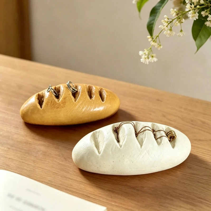 Retro bread shaped ceramic ring holder,creative long strip bread jewelry holder,dressing table ring display,home decor ornament