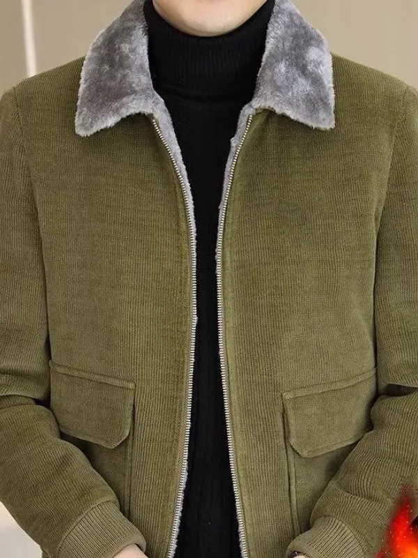 

Men's Fce Lined Thi Corduroy Jaet Autumn Winter New Faion Korean Sle Turn Collar Stripe Velvet Windbreaker Coat