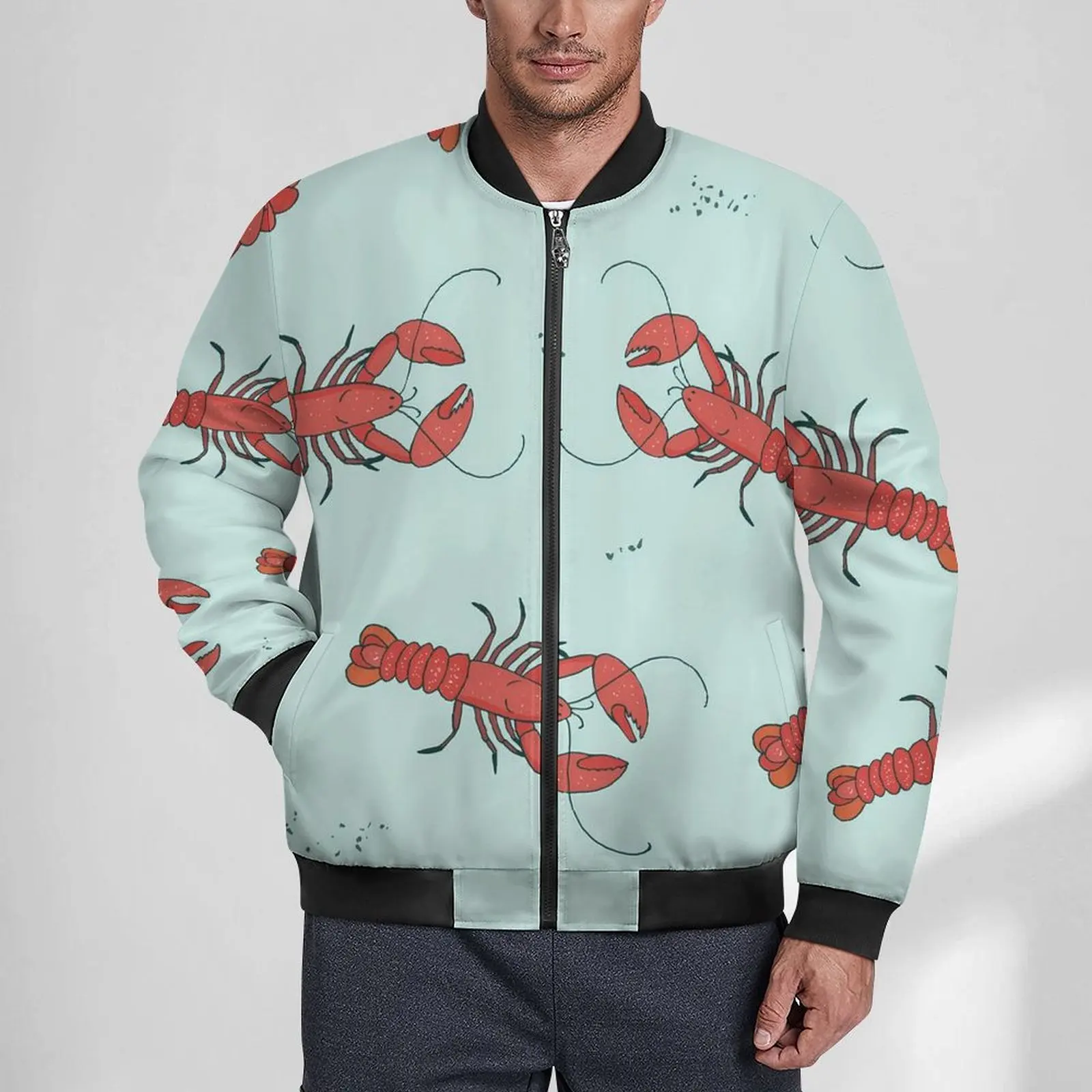 

Lobster Print Casual Jackets Men Sea Animals Coats Autumn Retro Jacket Zipper Custom Loose Windbreakers Plus Size