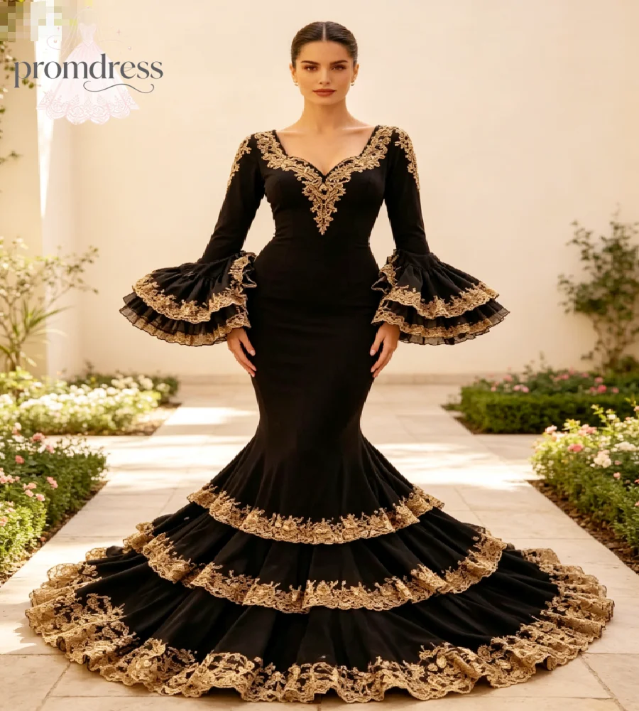 Black Gold Flamenco Prom Dress 2027 Spanish Mermaid Bell Ruffle Sleeve Gold Lace Evening Gowns Folk Performance Stage Formal