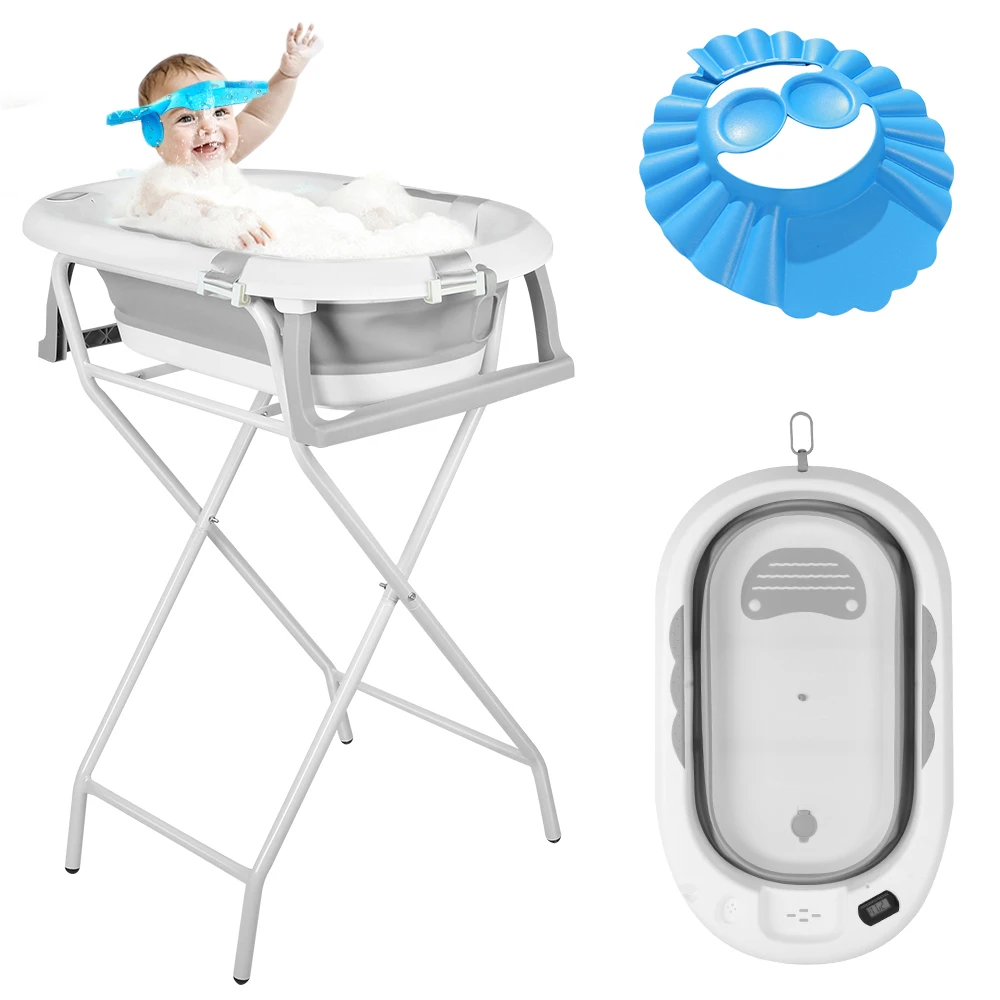 Baby Foldable Bath with Steel Stand, Integrated Thermometer, Hat, Ergonomic Cushion and Dread Pipe, Compact and Transportable, 0-3 Years, Grey/Blue/Green/Volet/Pink