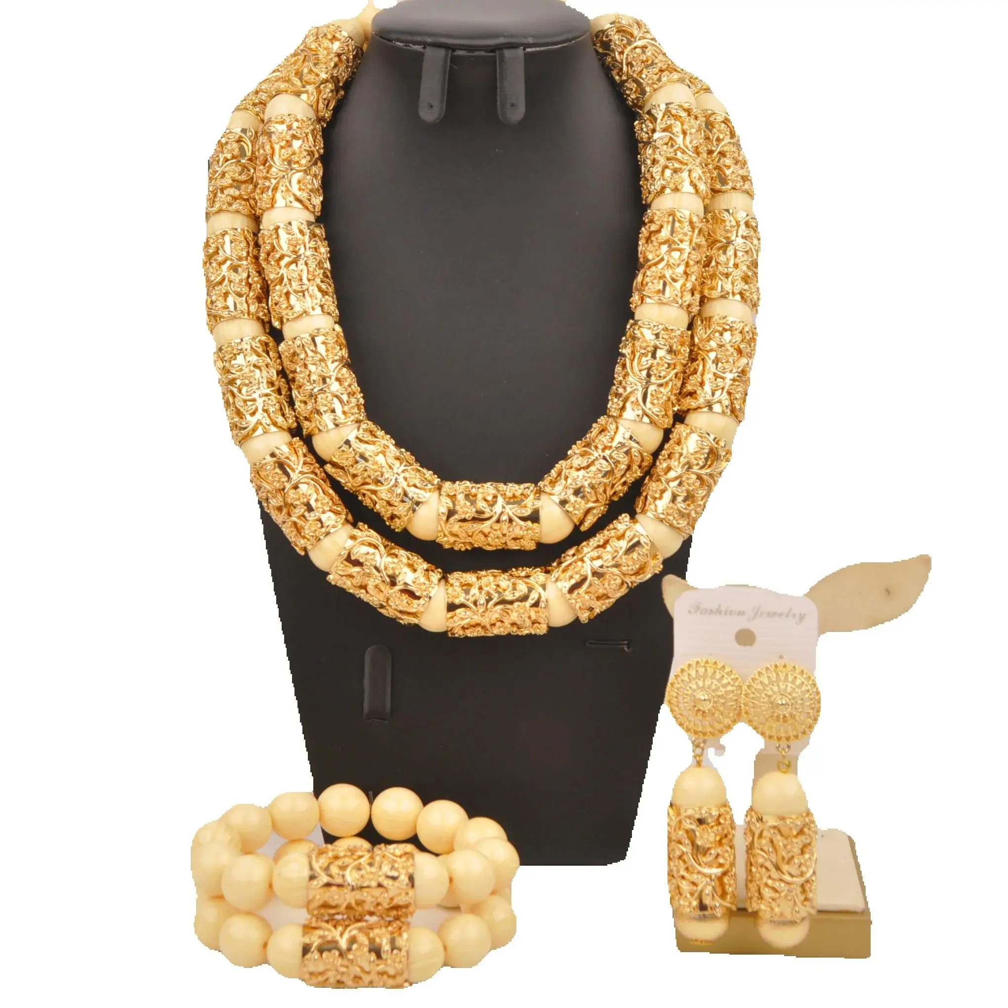 

White Artificial Coral Necklace, African Beaded Gold Jewelry Sets