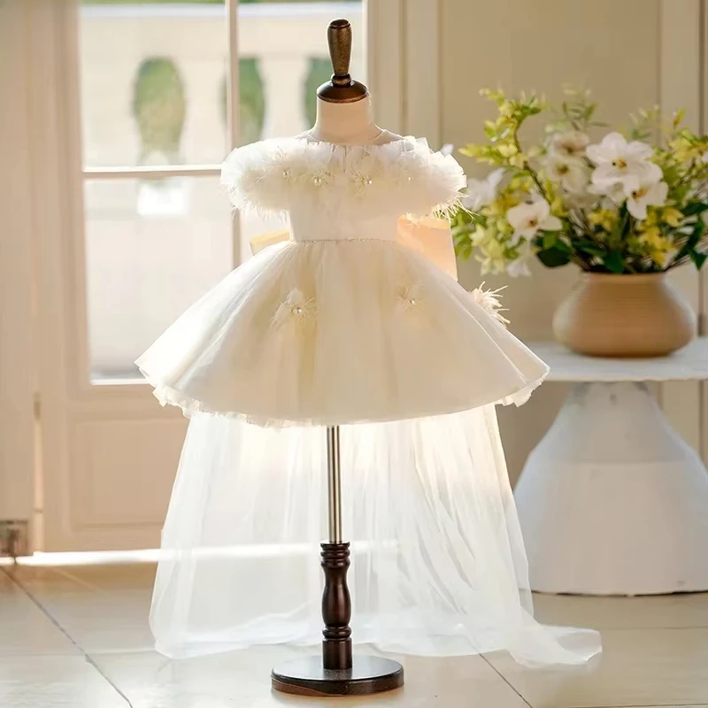 Girl Princess Dress Elegant Party Long Wedding Bridesmaid Dress 1-12 Year Old Mesh Ball Evening Dresses Embroidered Graduation
