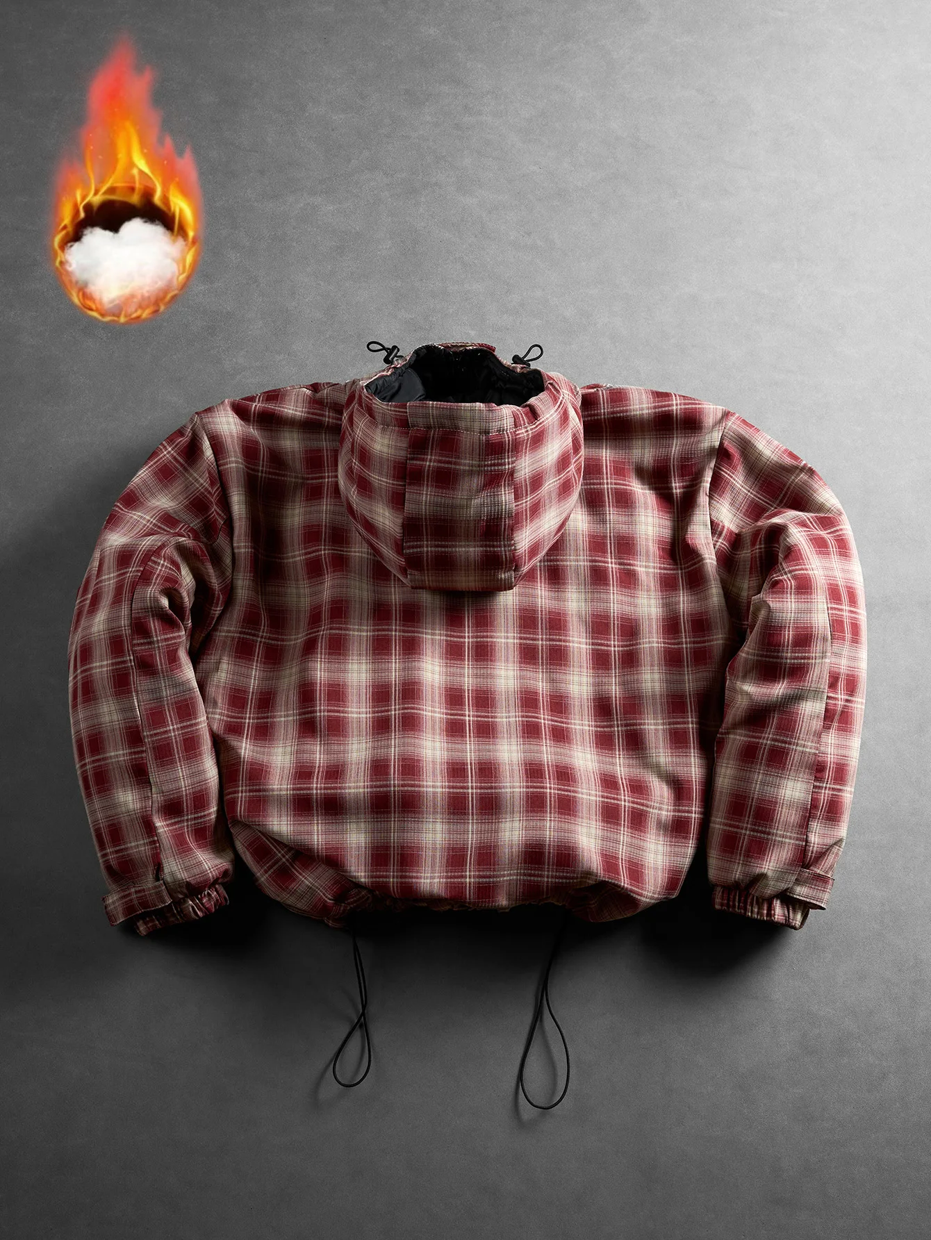 Men's Red Plaid Hooded Cotton Jacket, simple logo print on chest, diagonal zipper pockets, adjustable drawstrings on hood and hem, velcro cuffs, loose fit, warm outdoor casual top for autumn and winter