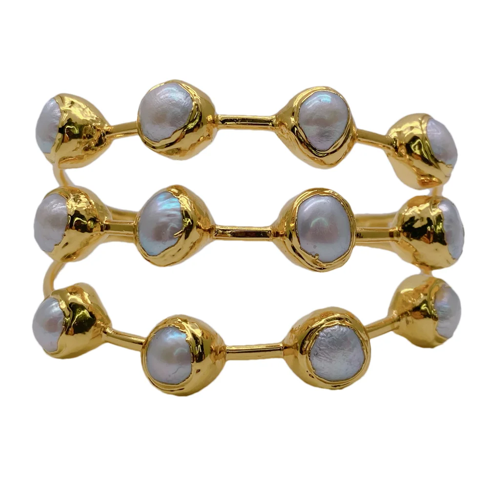 

YYGEM natural White Freshwater Pearl gold plated Bangle Bracelet Female Jewelry