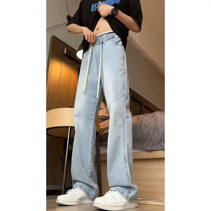 

Light Blue Men's Jeans Summer Trendy Brand Elastic Waist Drawstring Straight Leg American Retro Drape Casual Long Trousers