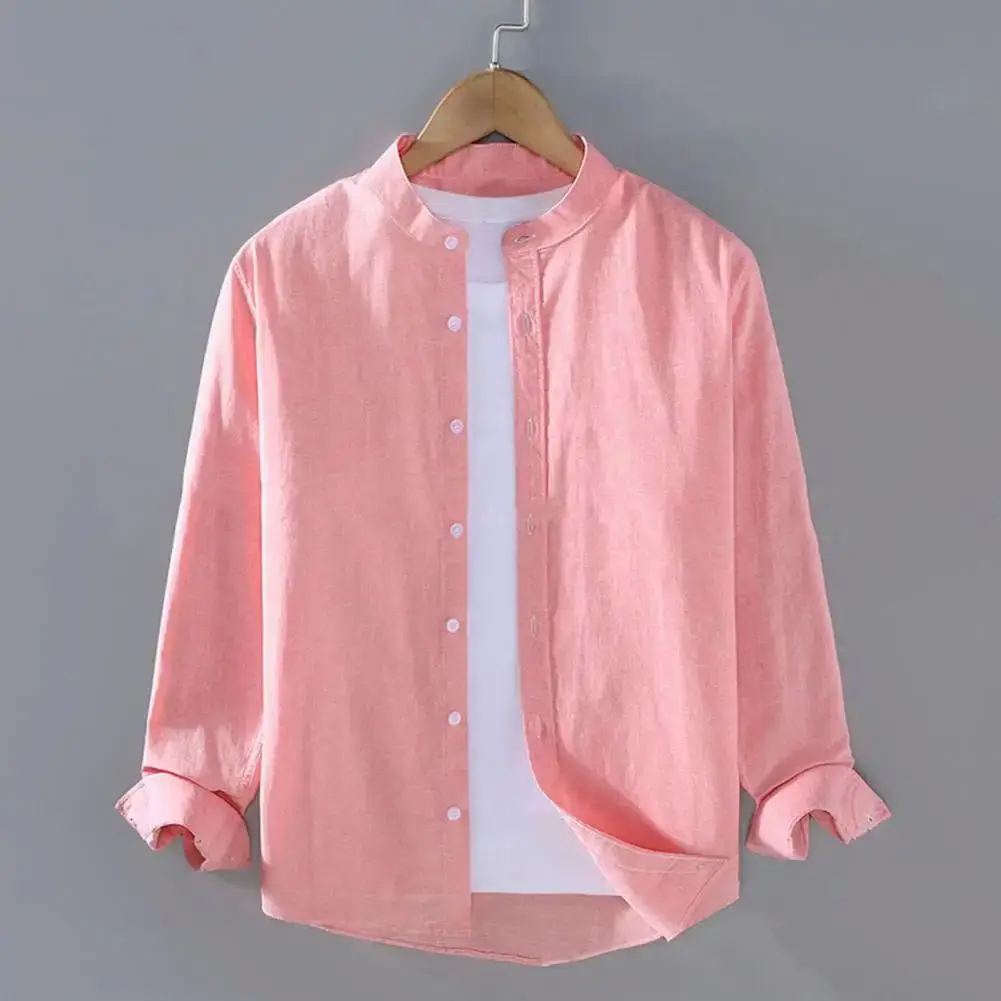 Men's Spring Single-breasted Stand Collar Cardigan Shirt Thickened Fleece Lined Nine-quarter Sleeve  Collar Autumn Wear
