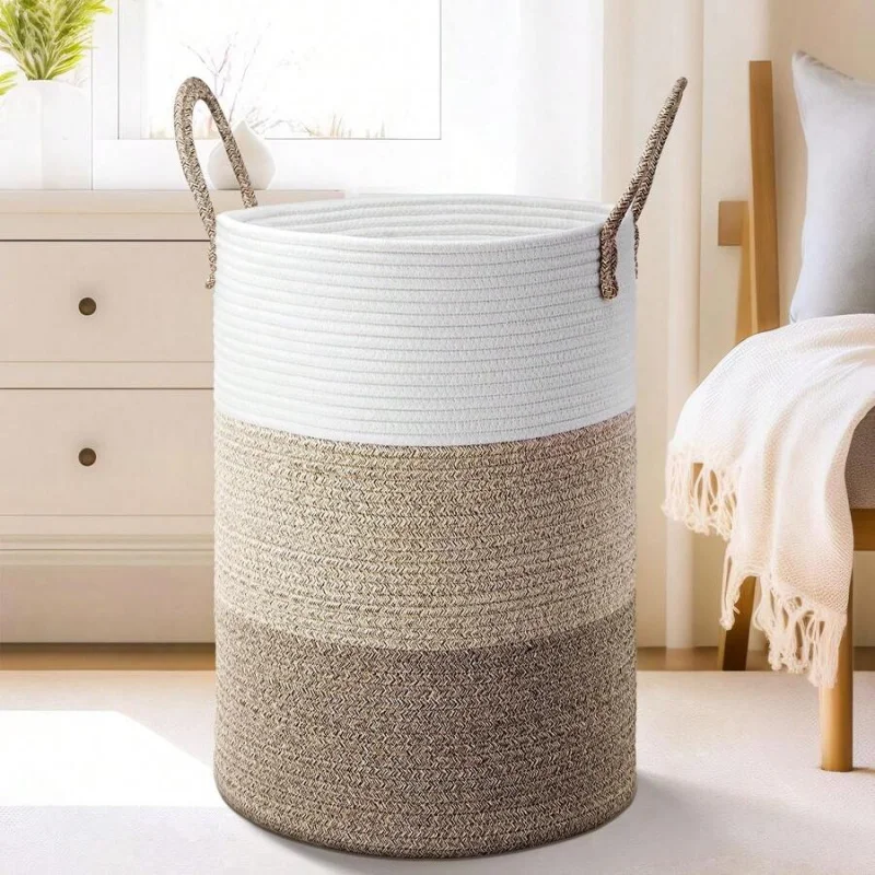 Fashion Woven Rope Laundry Basket, Three Color Storage Basket With Multiple Sizes Available For 60 Liters/80 Liters/100 Liters