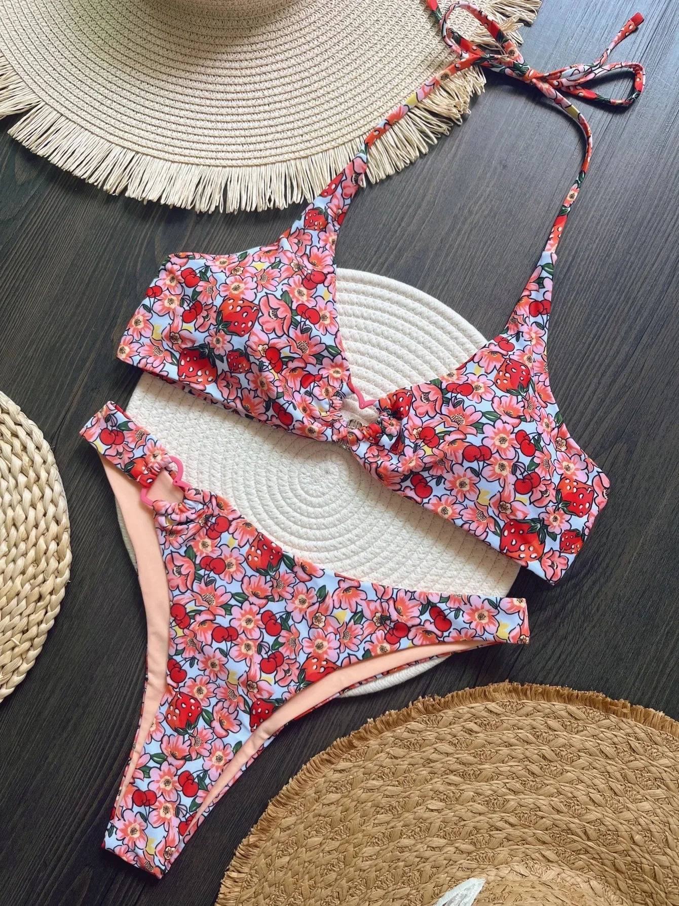 RUOTONSEPT-Bikini brasileño con estampado de flores para mujer, traje de baño Sexy con cuello Halter, conjunto de Bikini de dos piezas, bañador