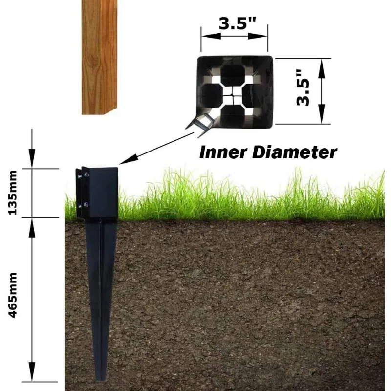 Fence Post Anchor Ground Spike Metal Black Powder Coated 24 x 4 x 4 Inches Outer Diameter (Inner Diameter 3.5 x3.5 Inches),