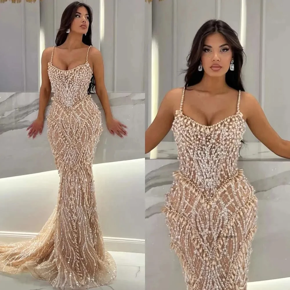 

Champagne Mermaid Evening Dresses Pearls Straps Formal Prom Dress Beading Lace Dubai Arabic Red Carpet Gown Robe De Soiree