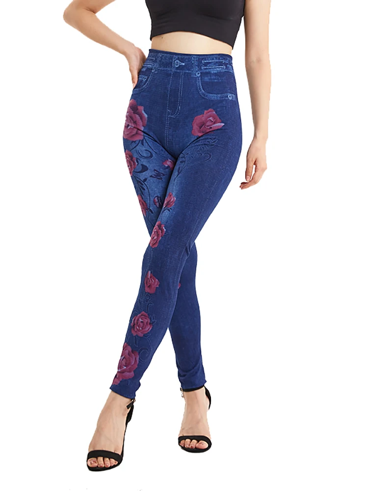 CUHAKCI Red Rose Floral Print Stretchy Fake Jeans Plus Size Women Pants Casual High Waist Leggings Denim Trouses S-3XL