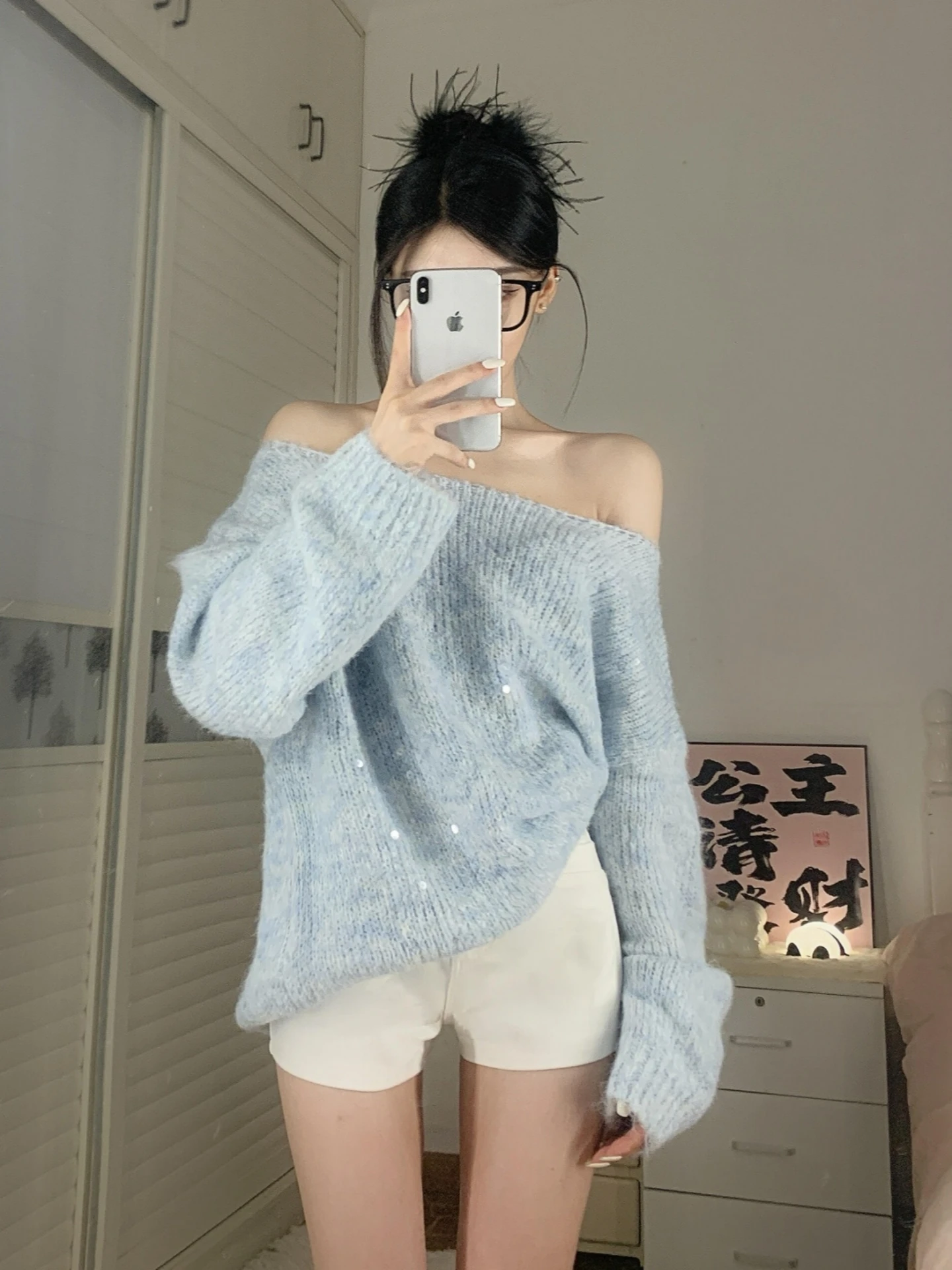 Blue One-Shoulder Long Sleeve Knitted Sweater Women's Loose Beautiful Sparkling Casual Style Commute Friendly Comfortable Fit
