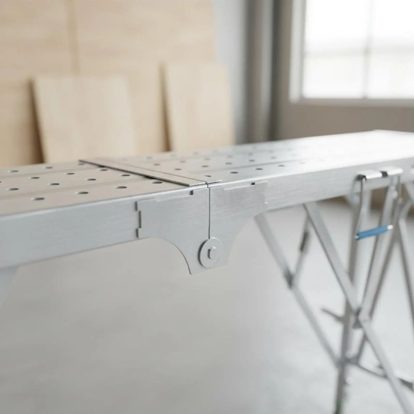 Adjustable Sawhorse Step Bench Folding Metal Work Surface for Construction Site Projects with Reinforced Supports and Grip Feet