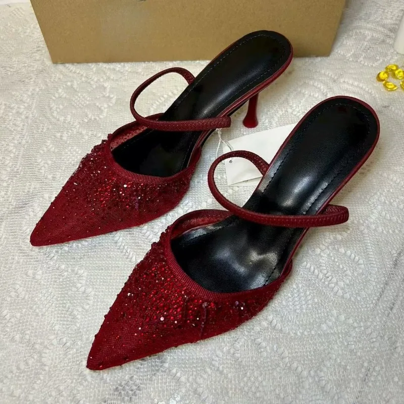 

Женская обувь для вечеринок в сетку с блестящими стразами, брендовые туфли-лодочки с острым носком, элегантные свадебные туфли-лодочки на высоком каблуке с ремешком сзади