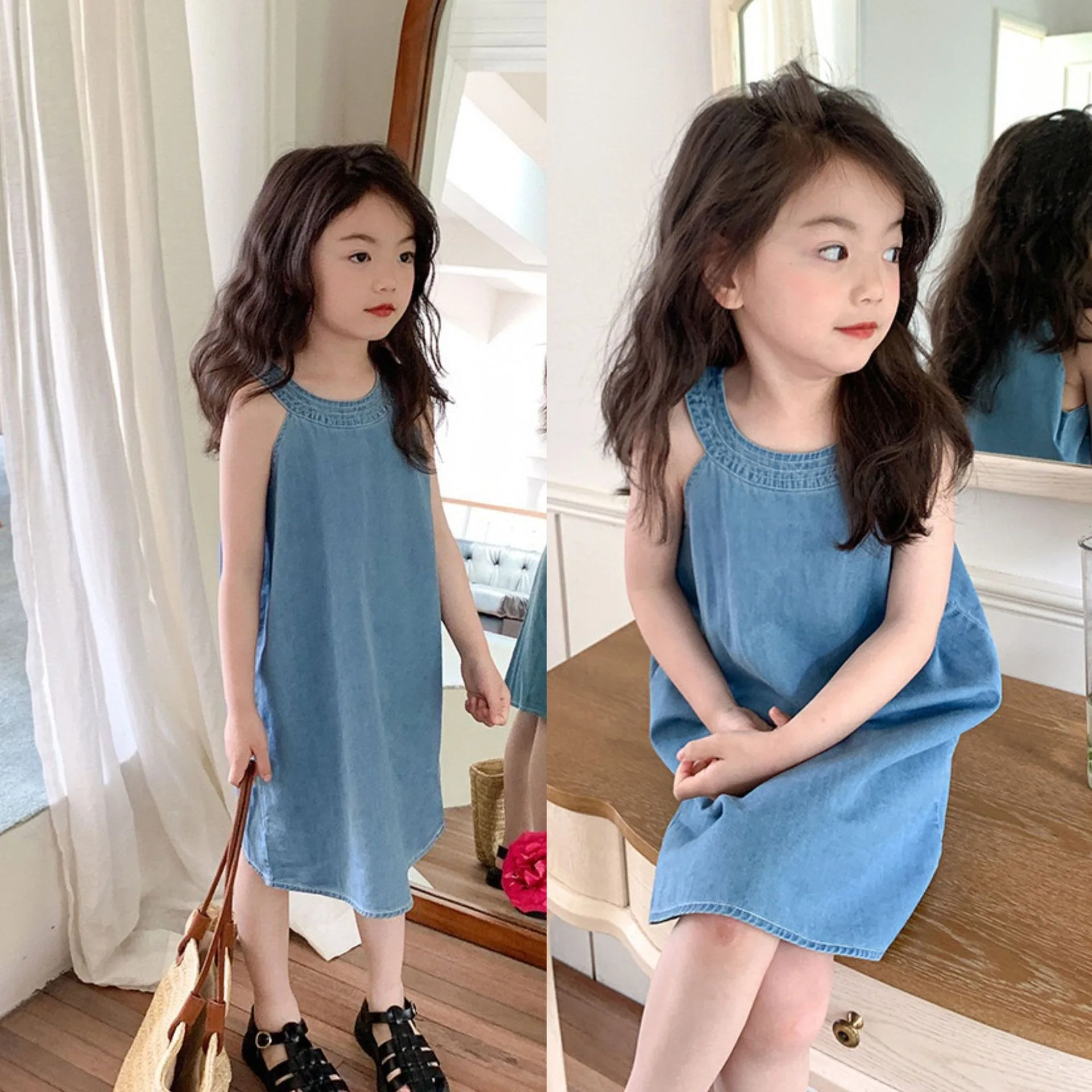 Congme 3-8 Yrs Girls Dress Toddle Kids Camisole Denim Dress Fashion Soft Casual Clothing Skirt For Kids