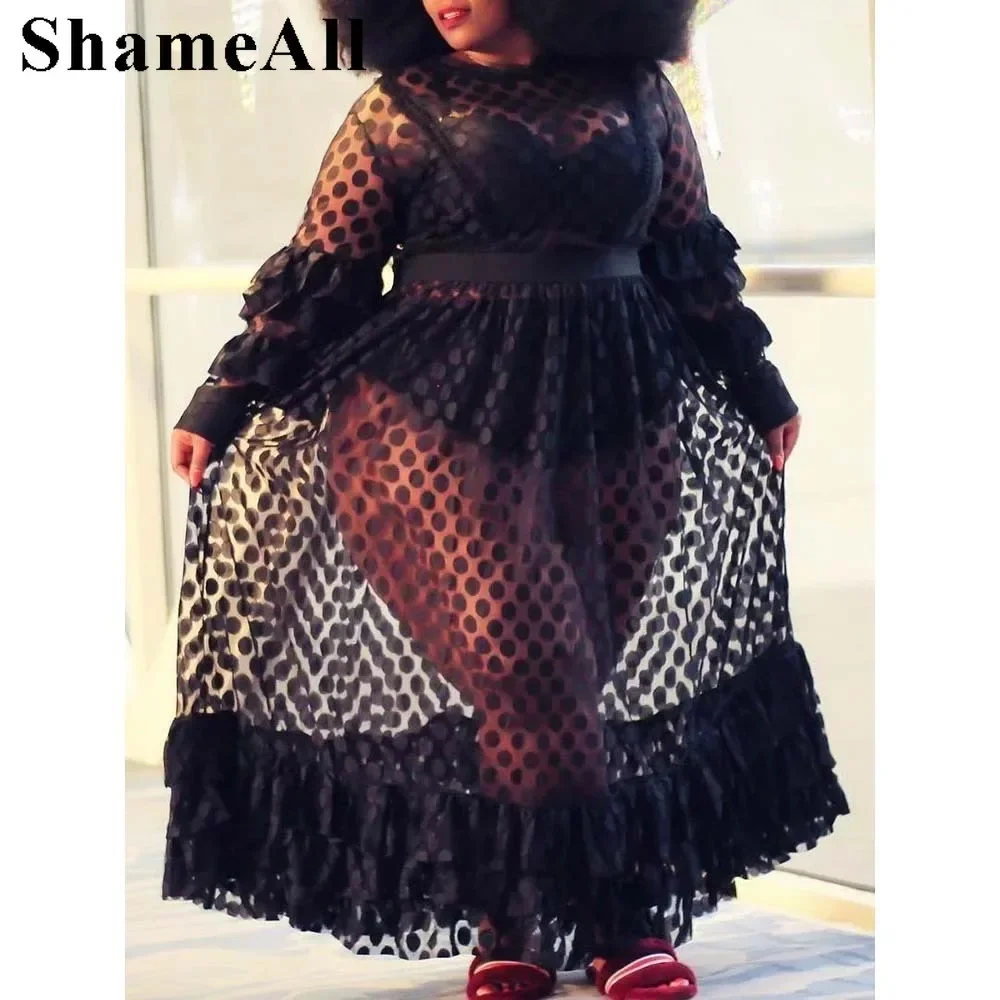 Plus Size Sexy Night Club Sheer Mesh Dress 4XL Damskie sukienki z długim rękawem Elastyczna wysoka talia Przezroczysta czarna biała koronkowa