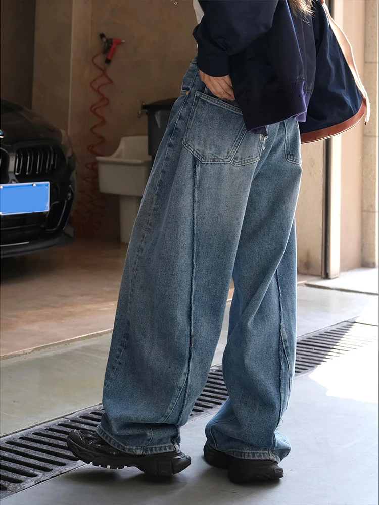 SHENGPALAE Spliced Washed Jeans For Women High Waist Wide Leg Denim Pants Streetwear Female Trousers 2024 Winter New 26D9963