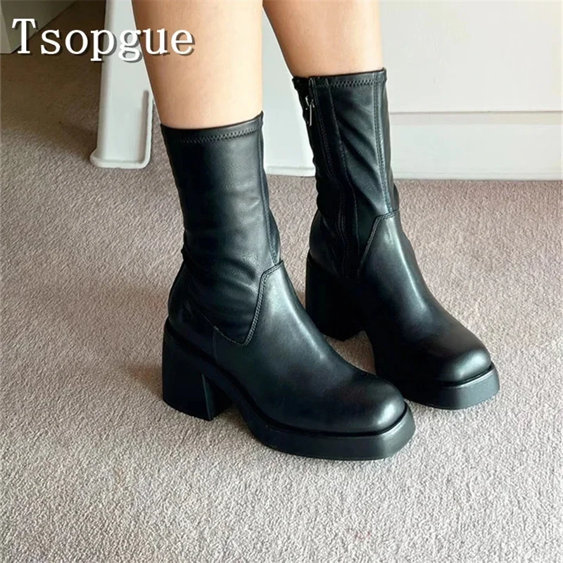 

Black Genuine Leather Platform Ankle Boots for Women Fashion Side Zippers Elegant Thick High Heel Elastic and Slim Short Boots