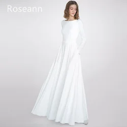 Vestido de novia de corte en A para mujer, prenda de satén con cuello redondo, plisado, drapeado, largo hasta el suelo, marfil musulmán, alta calidad