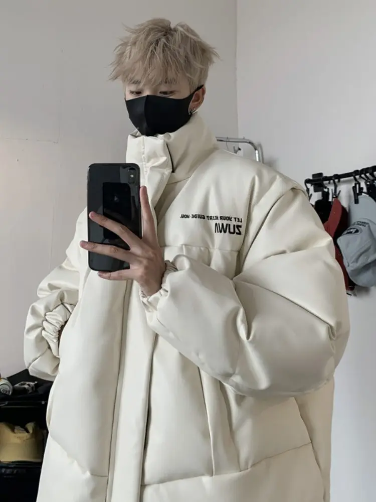 

Мужская зимняя куртка из искусственной кожи и хлопка, теплая, с воротником-стойкой, в американском ретро-стиле, повседневная, молодежная, модная