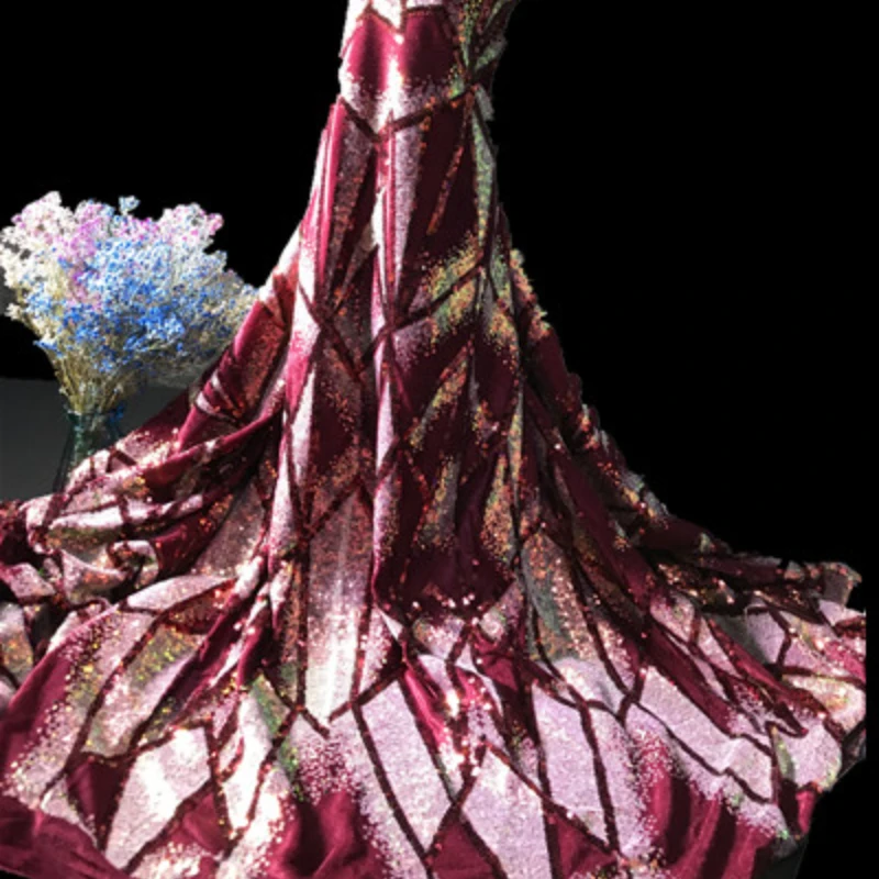 Fantasy Embroidered Fabric Wine Red Fashion Sparkling Dress Designer Wholesale Cloth for Diy Sewing Apparel Material