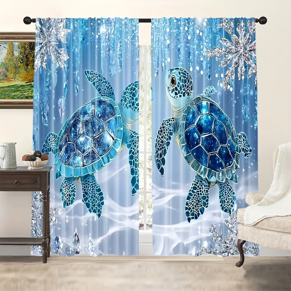 2PCS Digital Printed Curtains, Crystal Sea Turtle Ocean Marine Fantasy, Window Curtains for Living Room Bedroom Home Decoration