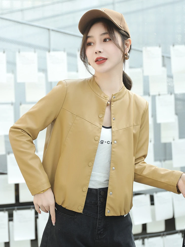 2024 Spring and Autumn New Women Clothing Casual Short Korean Fashion Solid Jackets O-neck Long Sleeve Imitation Leather Coat