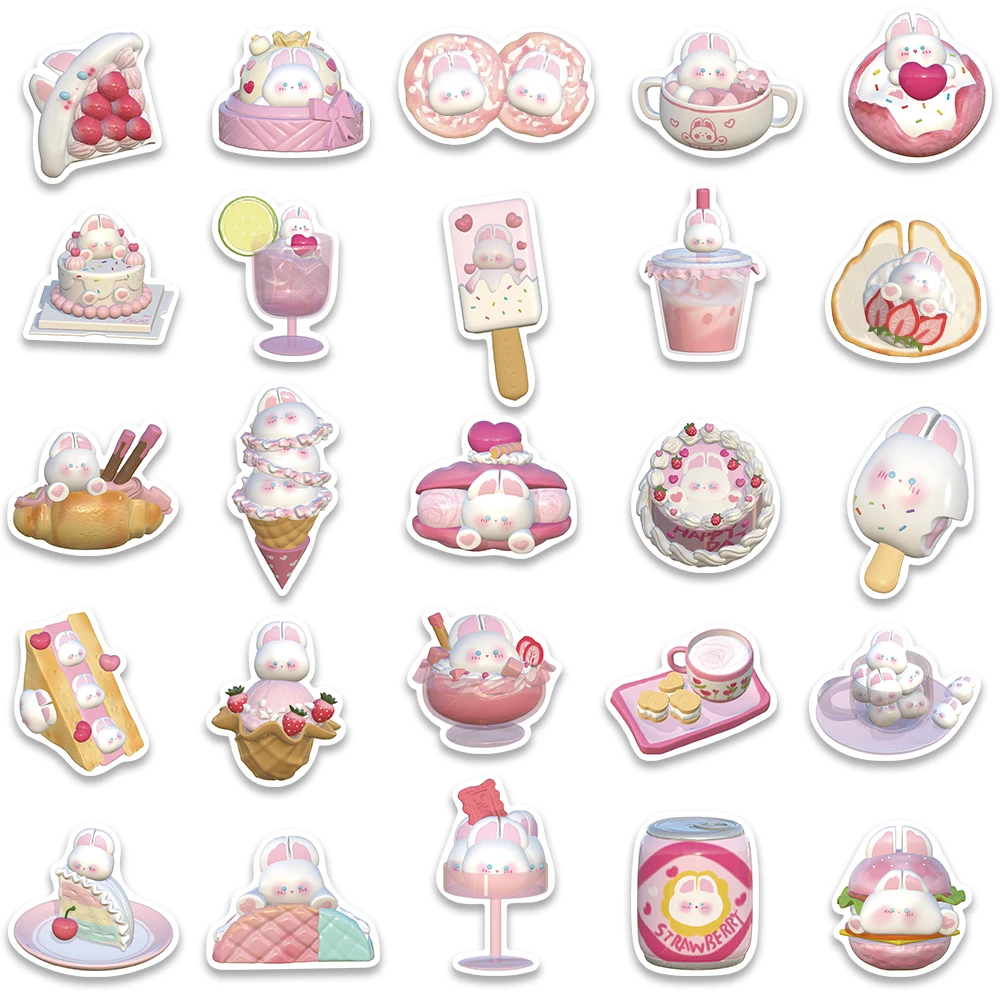 50PCS 3D Pink Strawberry Pudding Rabbit Girl Cute Stickers Suitcase Laptop Scrapbook Phone Diary Luggage Decal Kids Sticker