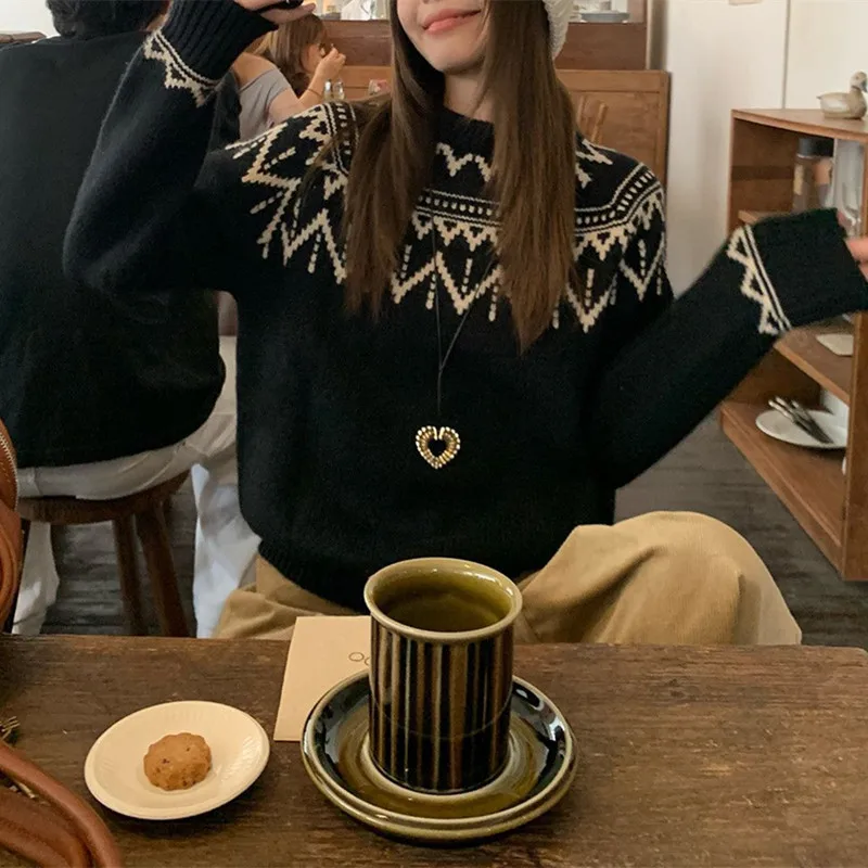 Sweater Women Pullover Women's Fall/Winter New Arrival Color Block Academic Style Diamond Check Knit Sweater