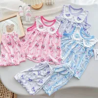 New Girls' Sleeveless Romper 2 piece Dress Set Pajama Cooling Shorts & Top Lace Collar Playwear Comfortable Home Clothes